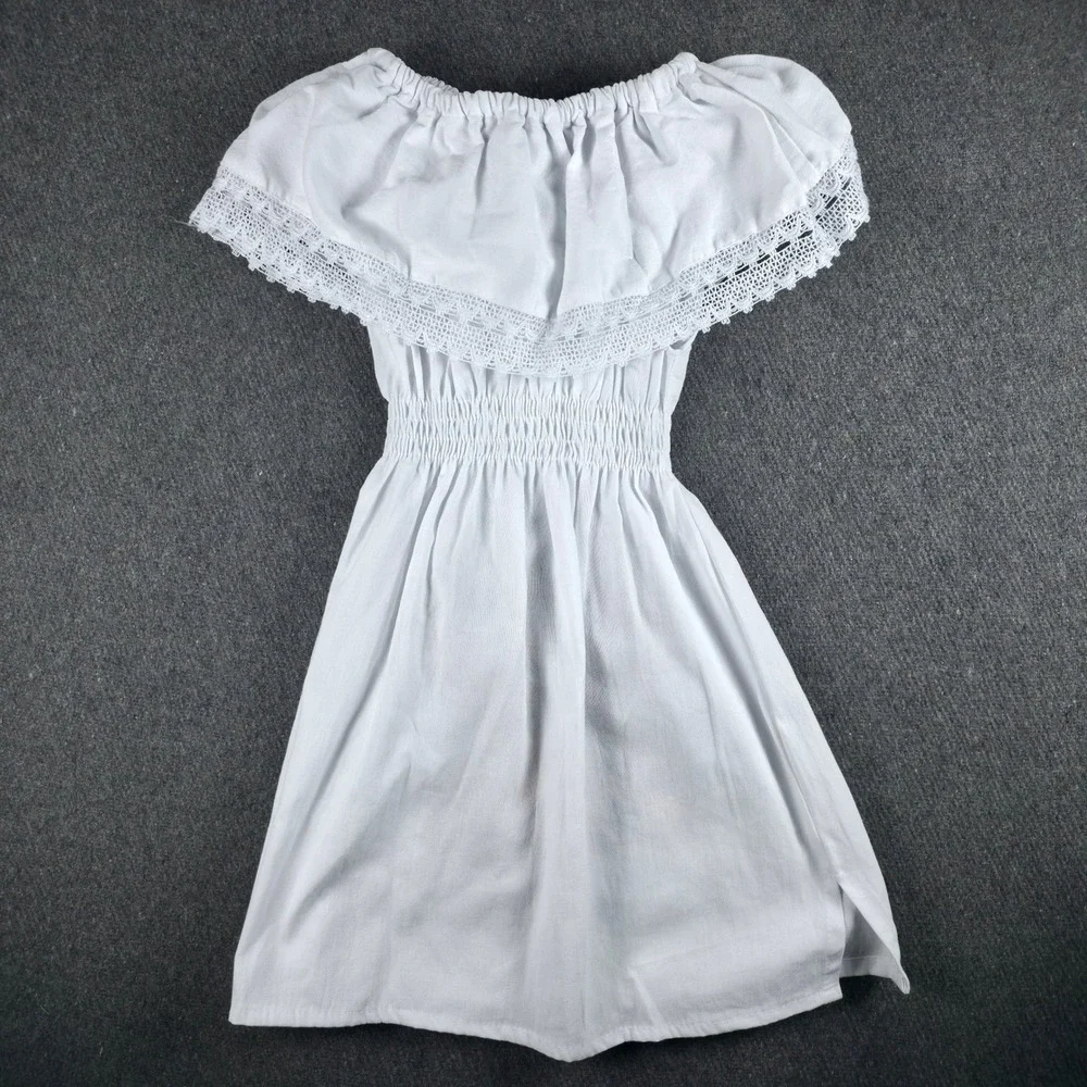 Mexican Peasant Dress Kids Size 6 White Floral Bird Embroidered Boho